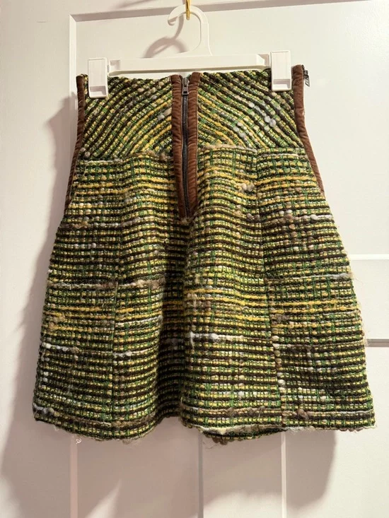 Etro Green Tweed Circle Skirt with Brown Side Panels - Picture 2 of 12